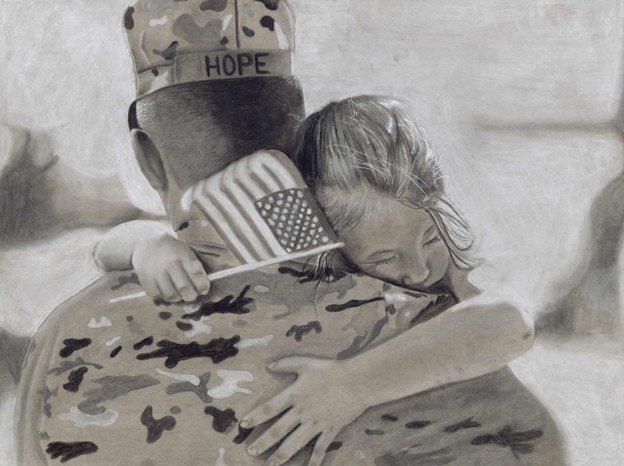 Charcoal drawing of daughter holding a flag hugging her father in uniform