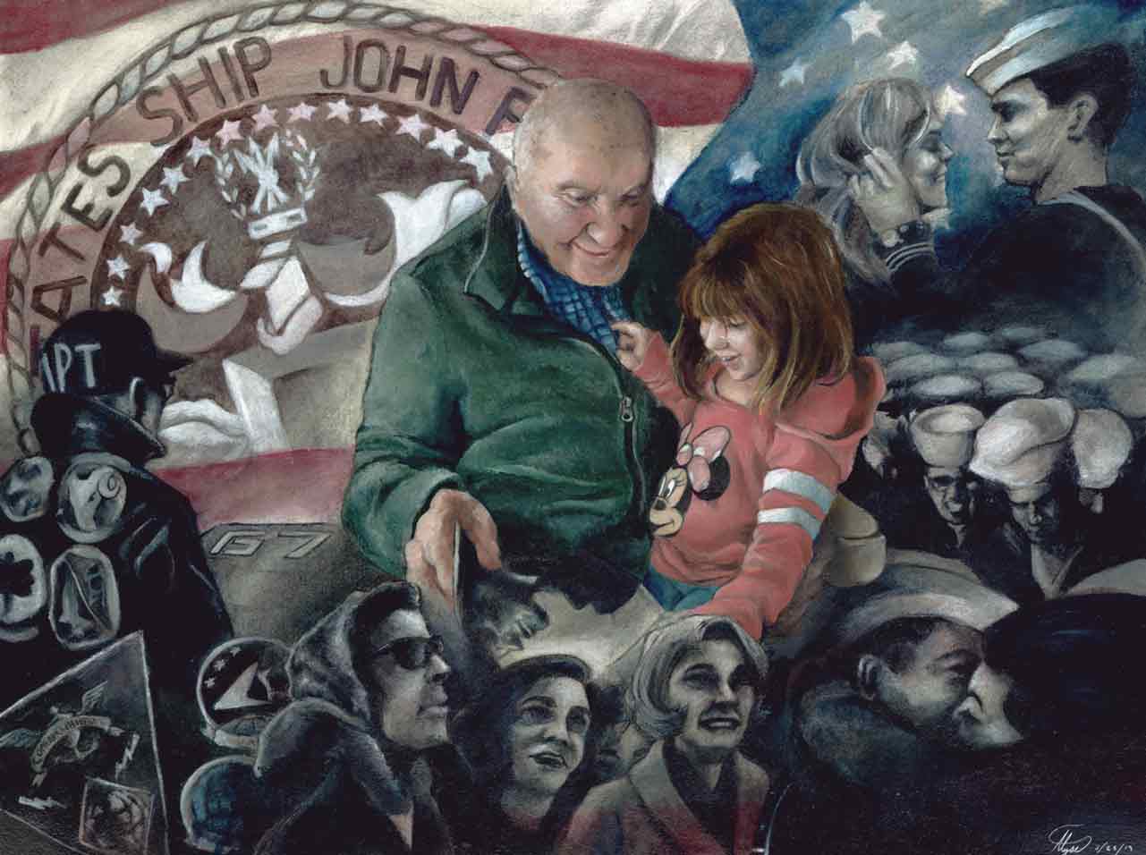 Charcoal and oil painting of a young girl and her grandfather surrounded by portraits from war