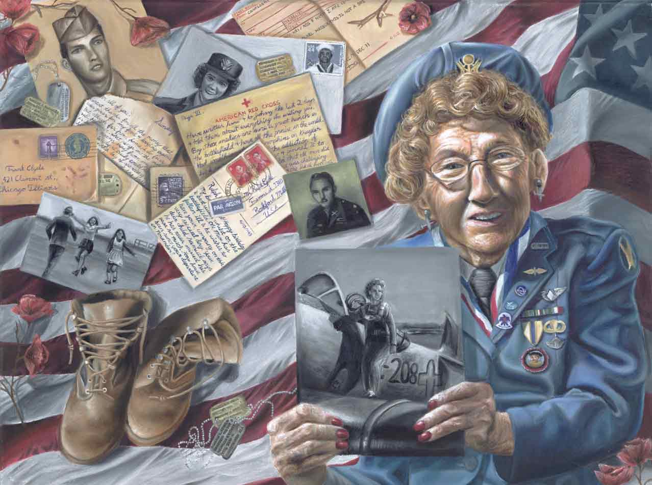 Oil painting showing a senior female veteran holding a picture from her time in the service in front of military service memorabilia