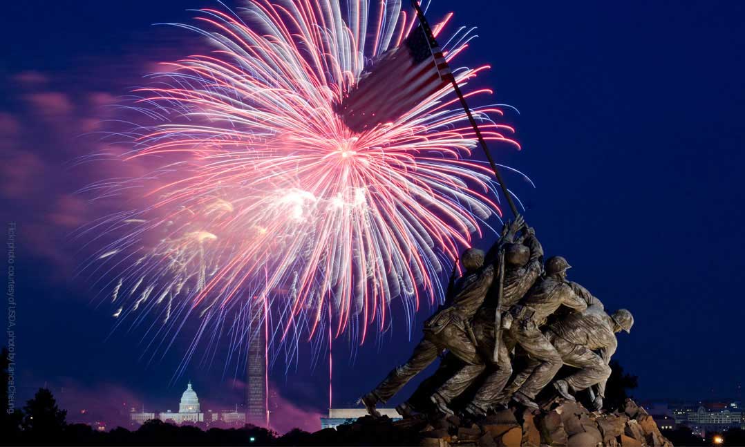 Fireworks over the US Capitol Building, Jefferson Memorial and the Raising the Flag on Iwo Jima memorial