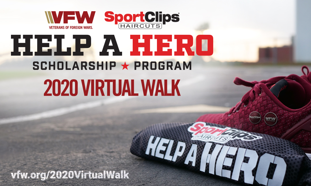 red tennis shoes behind Sport Clips shirt on a track for the virtual Sport Clips VFW Walk 2020