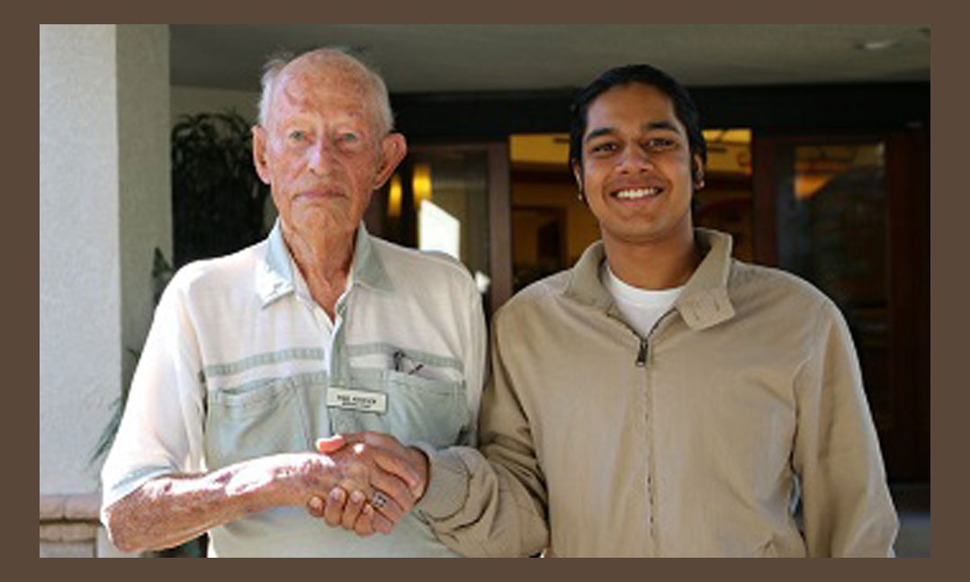 Rishi Sharma, right, with World War II veteran Paul Koresen, who piloted B-29s in the South Pacific on bombing raids over Japan