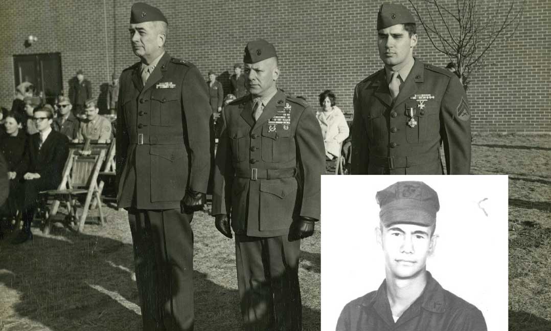 Marine Corps Lance Cpl. Fred G. Monahan, right, receives the Navy Cross at the Armed Forces Training Center in March 1968, Marine Corps Pvt. Robert Kruger received a posthumous Purple Heart after he was killed in action on May 3, 1967.