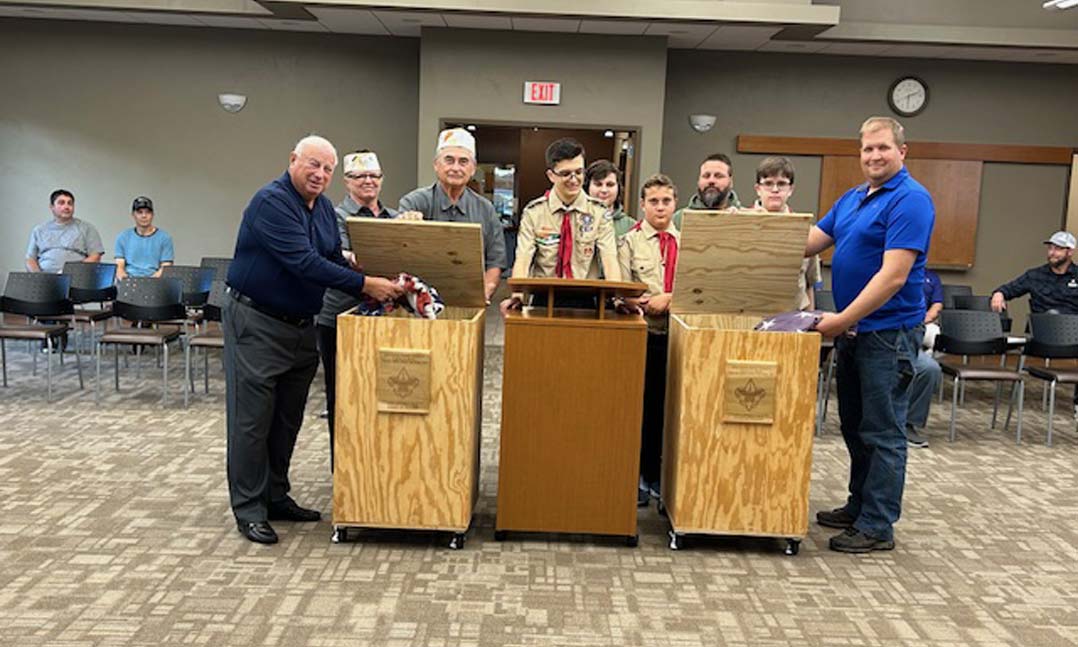 VFW Post 2113 members join Boy Scout Troop 1039 member Lucas Beck, center, in his Eagle Scout presentation