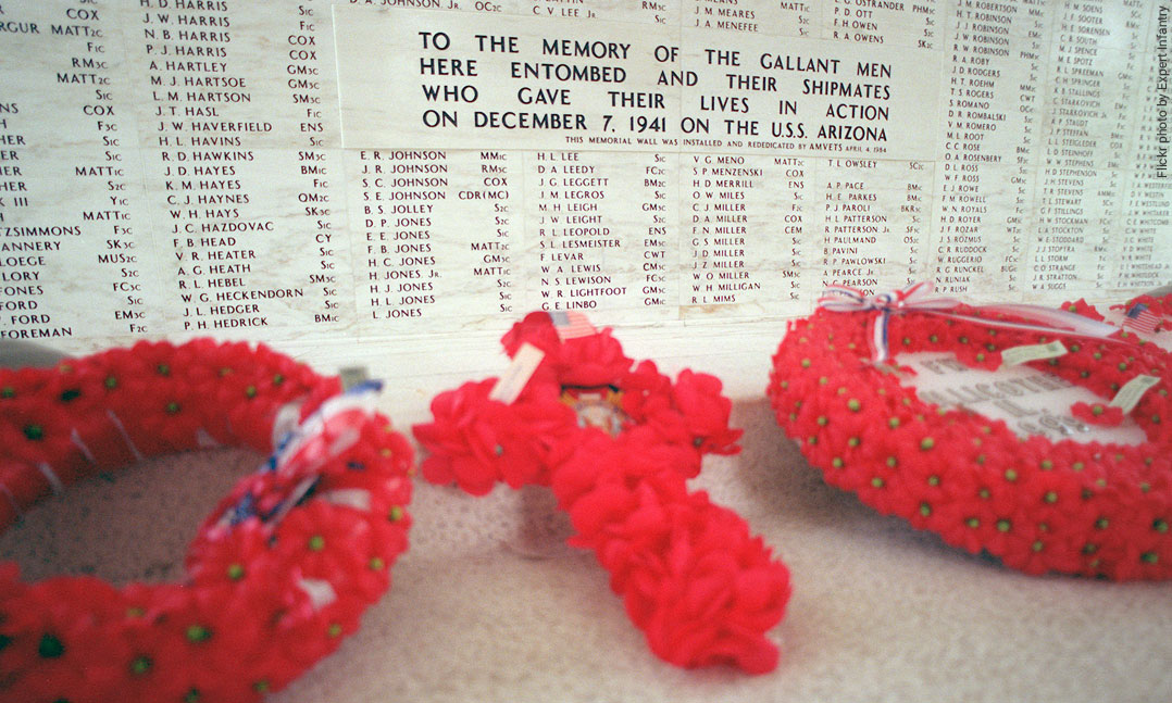 Pearl Harbor memorial with buddy poppy wreaths