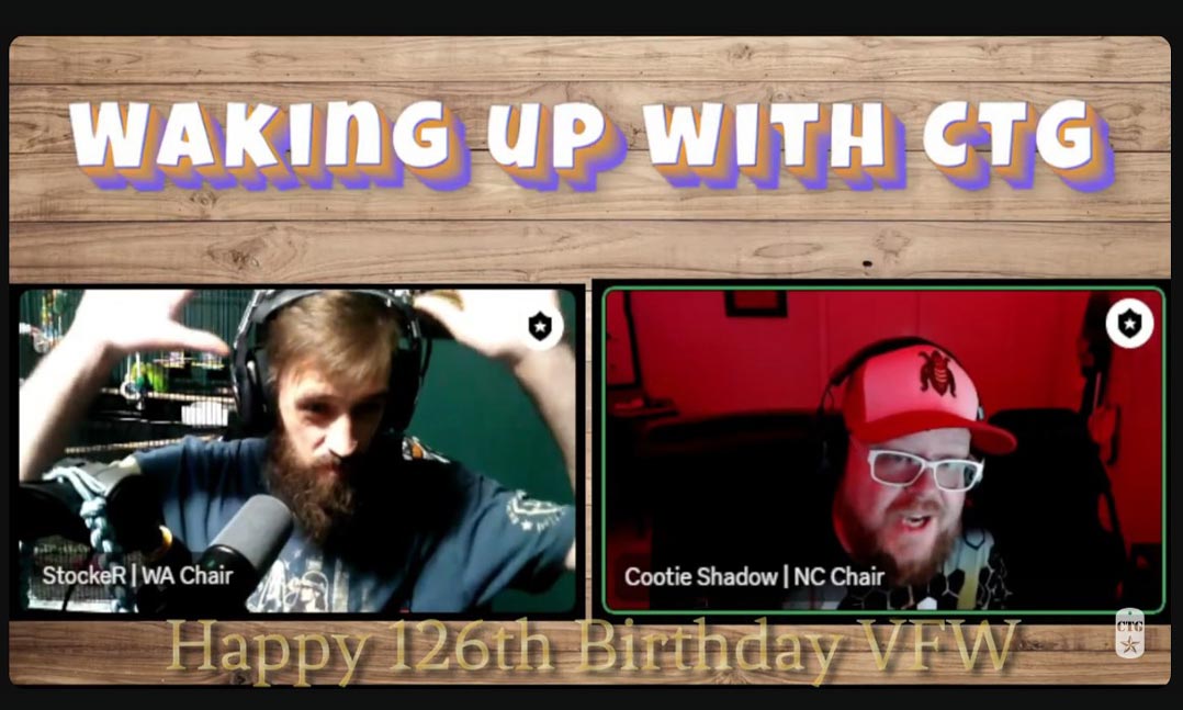 VFW members Tim Stoker, left, and Rob Caudill conduct a live stream 