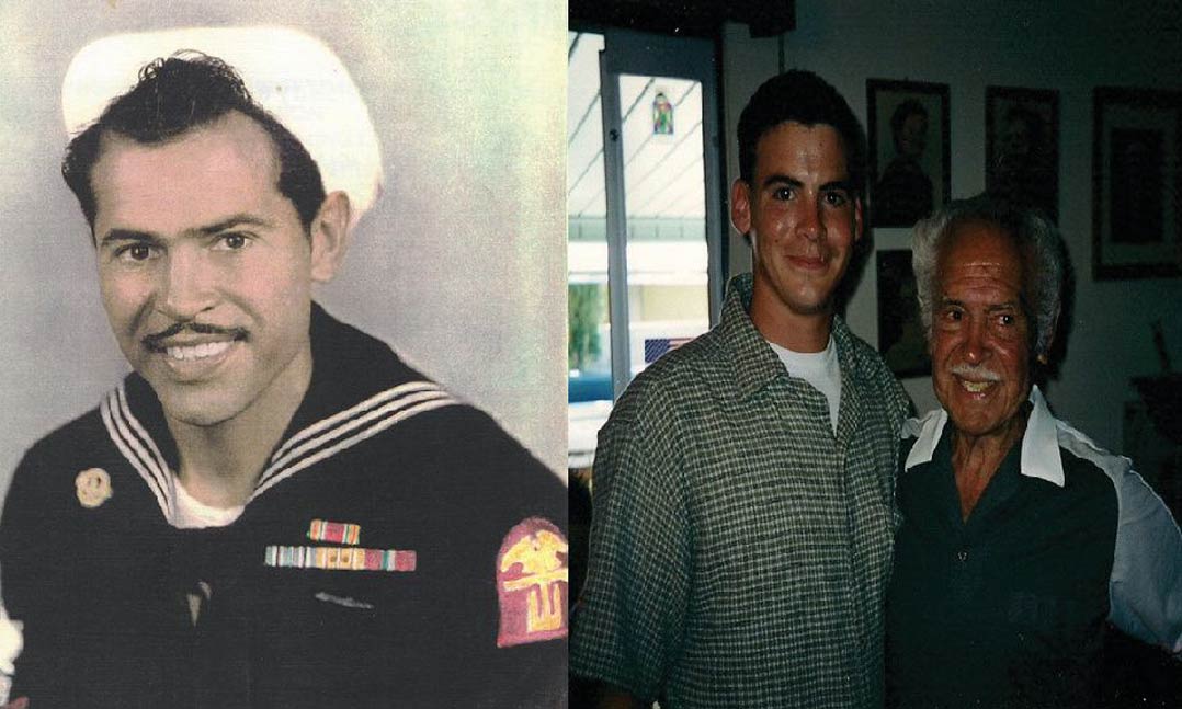 WWII veteran Julian Barela shown here in 1945 after V-J Day and Joshua Barela, left, visits with his great-grandfather, Julian Barela, at Christmas in 1999