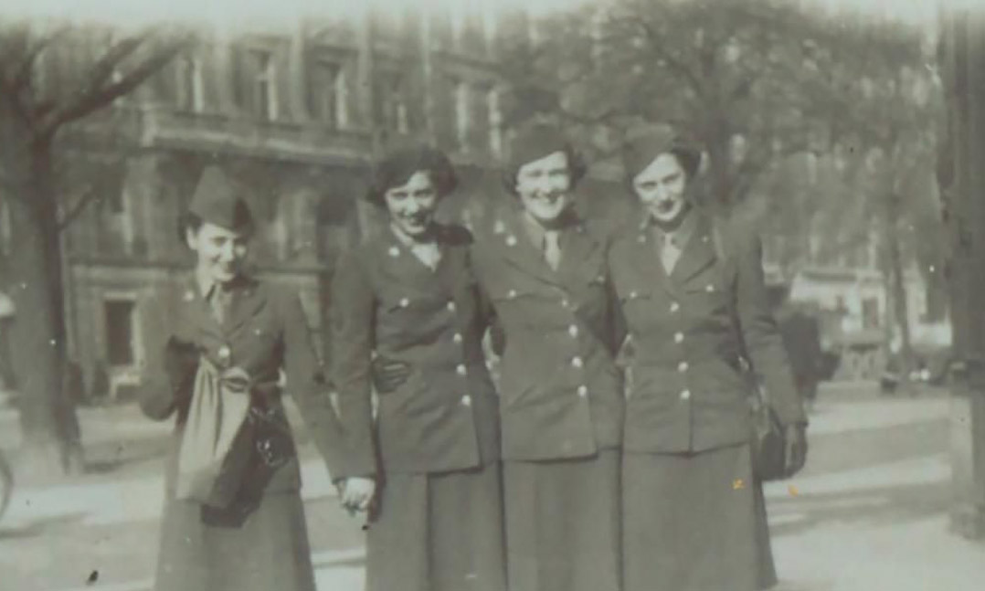 Phyllis Michaux, second fromleft, seen here with fellowWomen’s Army Corpsmembers in the spring of 1945 in Paris, France.