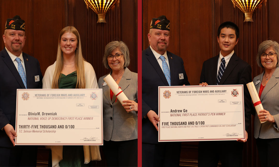 VFW Jr. Vice Commander Glenn Umberger VFW Auxiliary President Lois Callahan present Olivia Drewniak and Andrew Ge with their 2026 Voice of Democracy and Patriot's Pen national first place awards