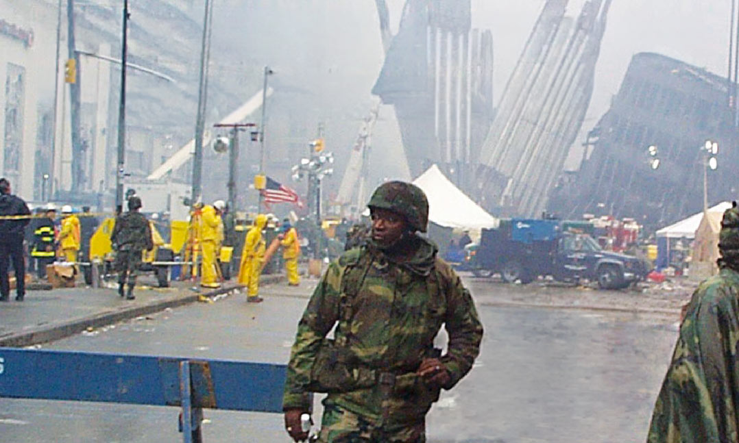 New York Army National Guardsmen with C Co., 1st Bn., 605th Inf., assist with security operations at Ground Zero