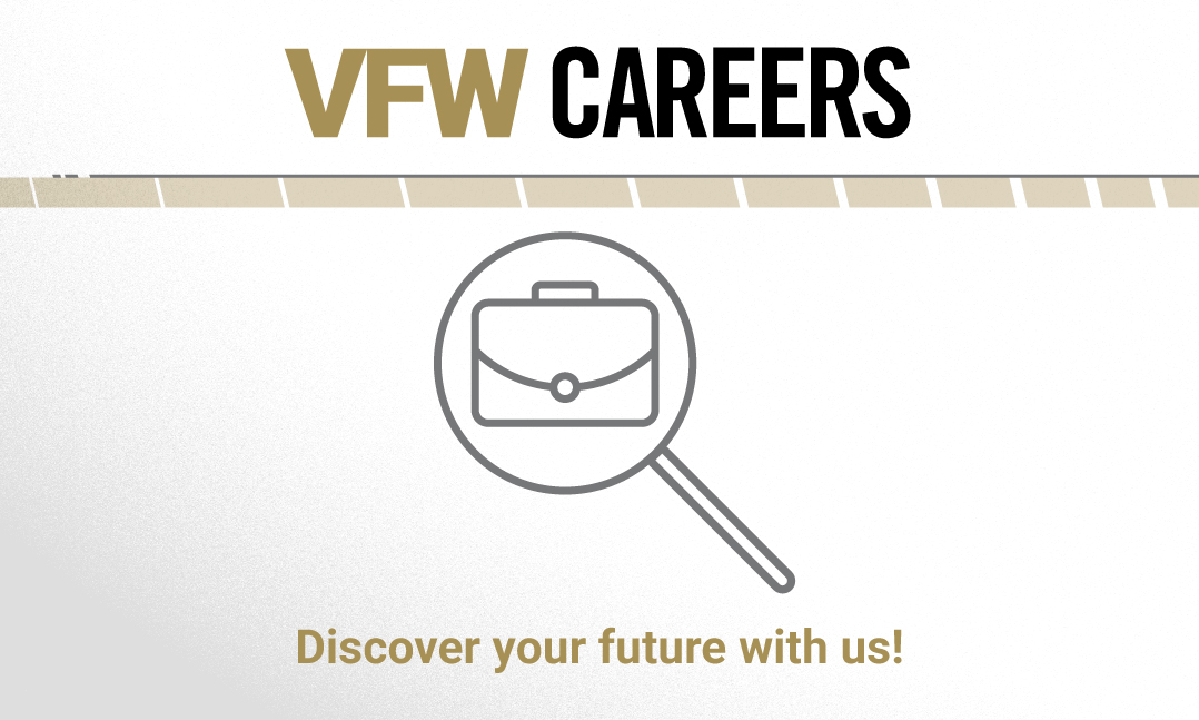 Woman and man employees of the VFW stand next to a work briefcase icon