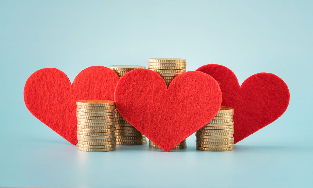 Red felt hearts with coins